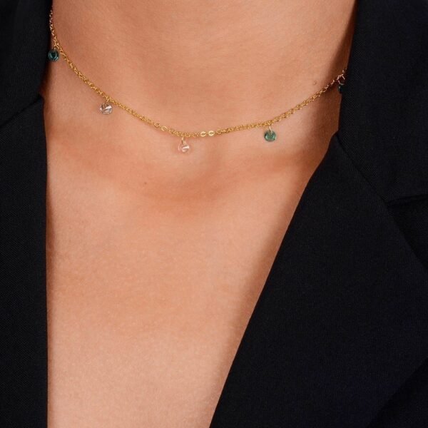 Colar Dourado Chocker Pontos de Luz Coloridos Cristais - Imagem 2