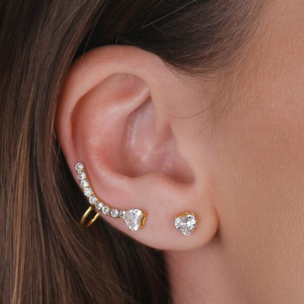 Piercing Dourado Earcuff Coração Cravejado de Zircônia Com Brinco - Imagem 2