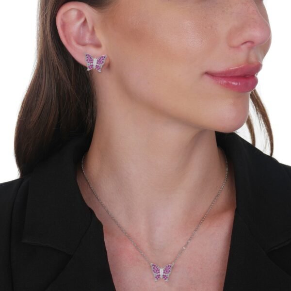 Conjunto Prateado de Borboletas Cravejado de Zircônia Rosa - Imagem 2