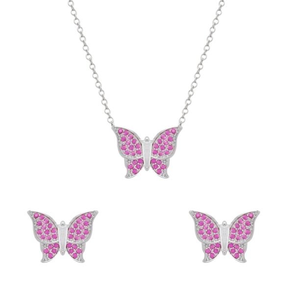 Conjunto Prateado de Borboletas Cravejado de Zircônia Rosa