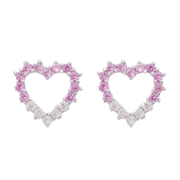 Conjunto Prateado de Coração Vazado Cravejado de Zircônia Rosa Dois Tons - Imagem 3